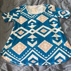 LuLaRoe Blue and Cream Geometric Tee
